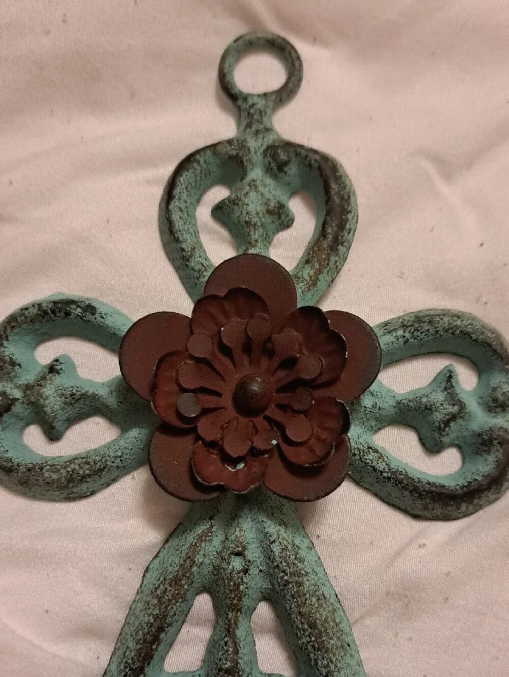 Hobby Lobby Patina Turquoise Wall Cross with Brown Flower